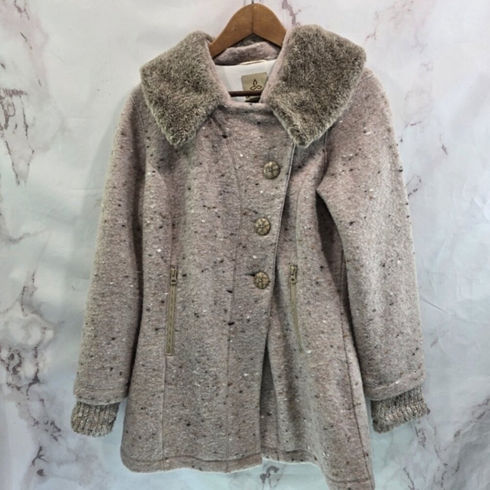 Prana Coat Womens Medium Purple Wool Speckle Fleck Faux Fur Lisina Pea Jacket